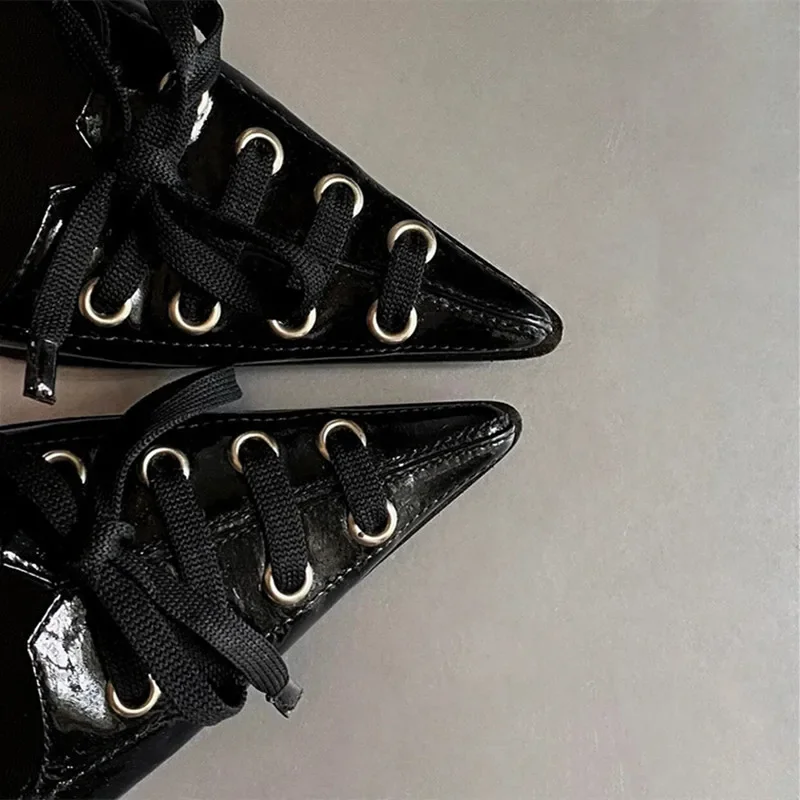 Sexy Pointed Toe Thin High Heel Women Pumps Lace Up Bow Design Black Leather High Heels Punk Style Fashion Elegant Woman Heels