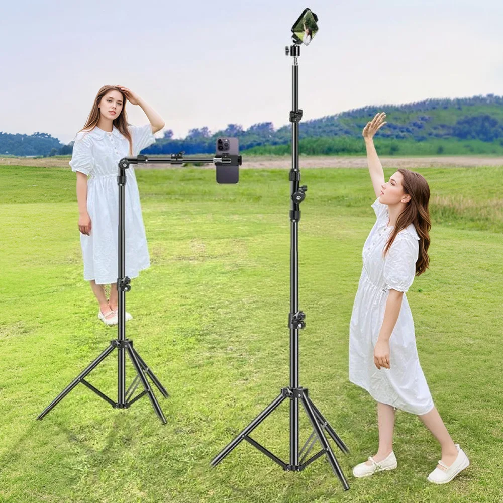 1.7M Total Length Tripod with Retractable Horizontal Bar Universal Joint Adjustment for Phone Live Stream/Food Photography/Vlog