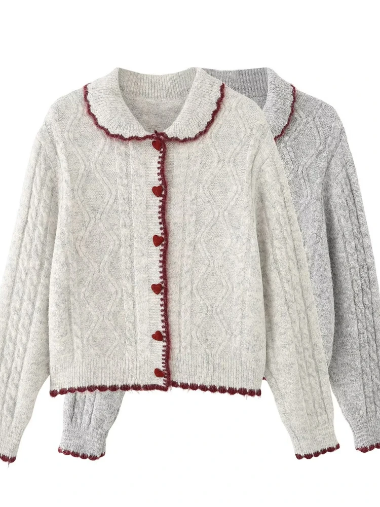 

Korobov Autumn French Retro Sweet Casual Heart-shaped Buttons Contrast Color Turn Down Collar Knitted Cardigan