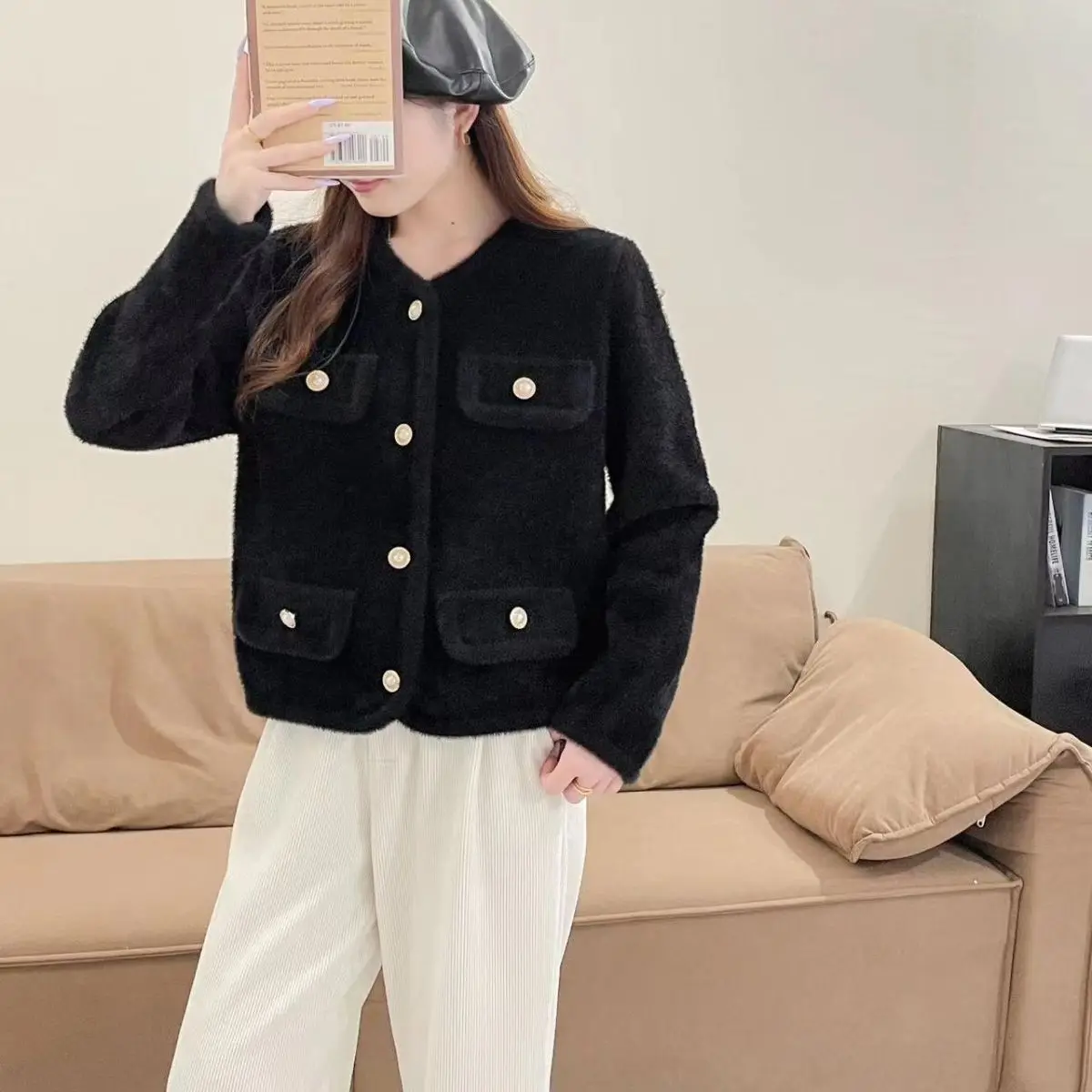 Dames faux nertsbont gebreid vest 2025, herfst winter trui met lange mouwen, mode bovenkleding