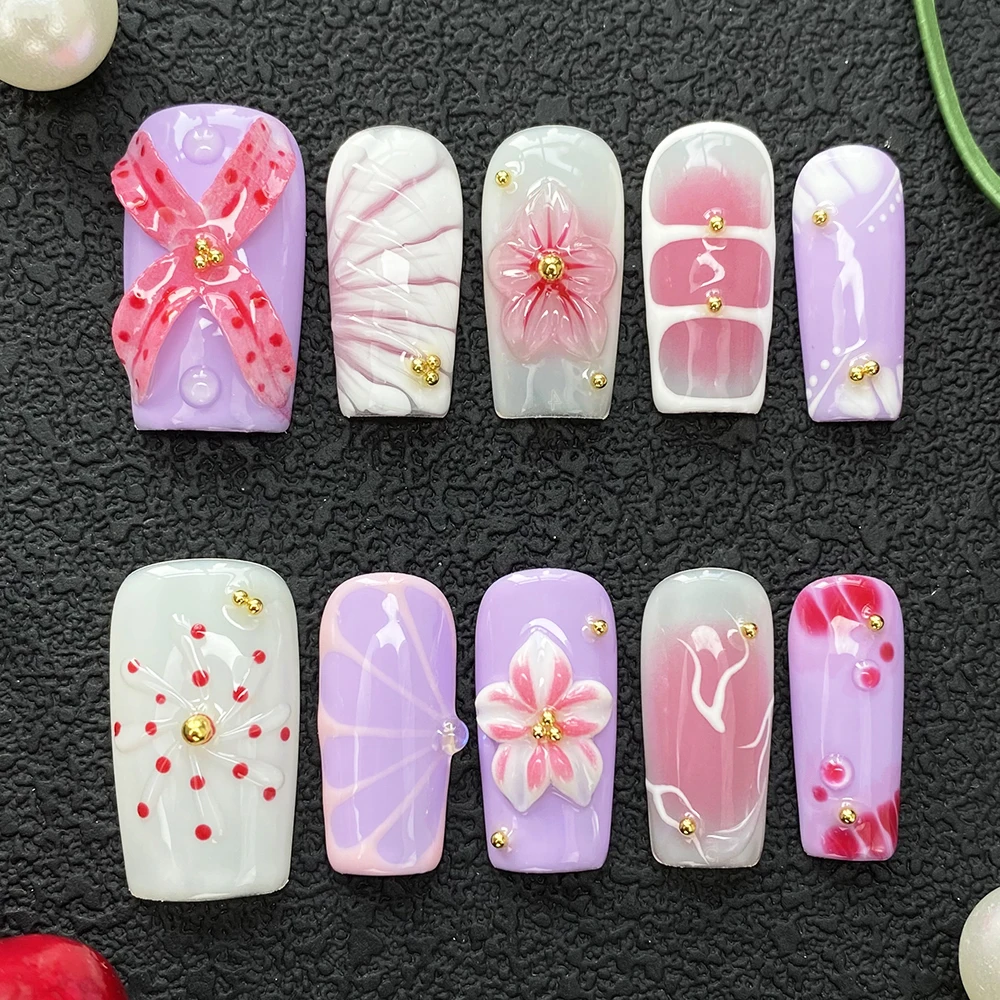 

Глянцевые декорированные прочные акриловые накладные ногти, 10 шт., роскошный эксклюзивный дизайн, УФ-гель, резные, для маникюра