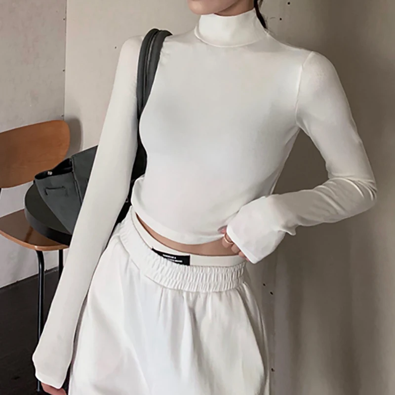 Tee Shirt Femme Turtleneck Crop Top Women T Shirt Screw Thread Cotton Long Sleeve 2023 Autumn Slim Bottoming Female Basic Tshirt