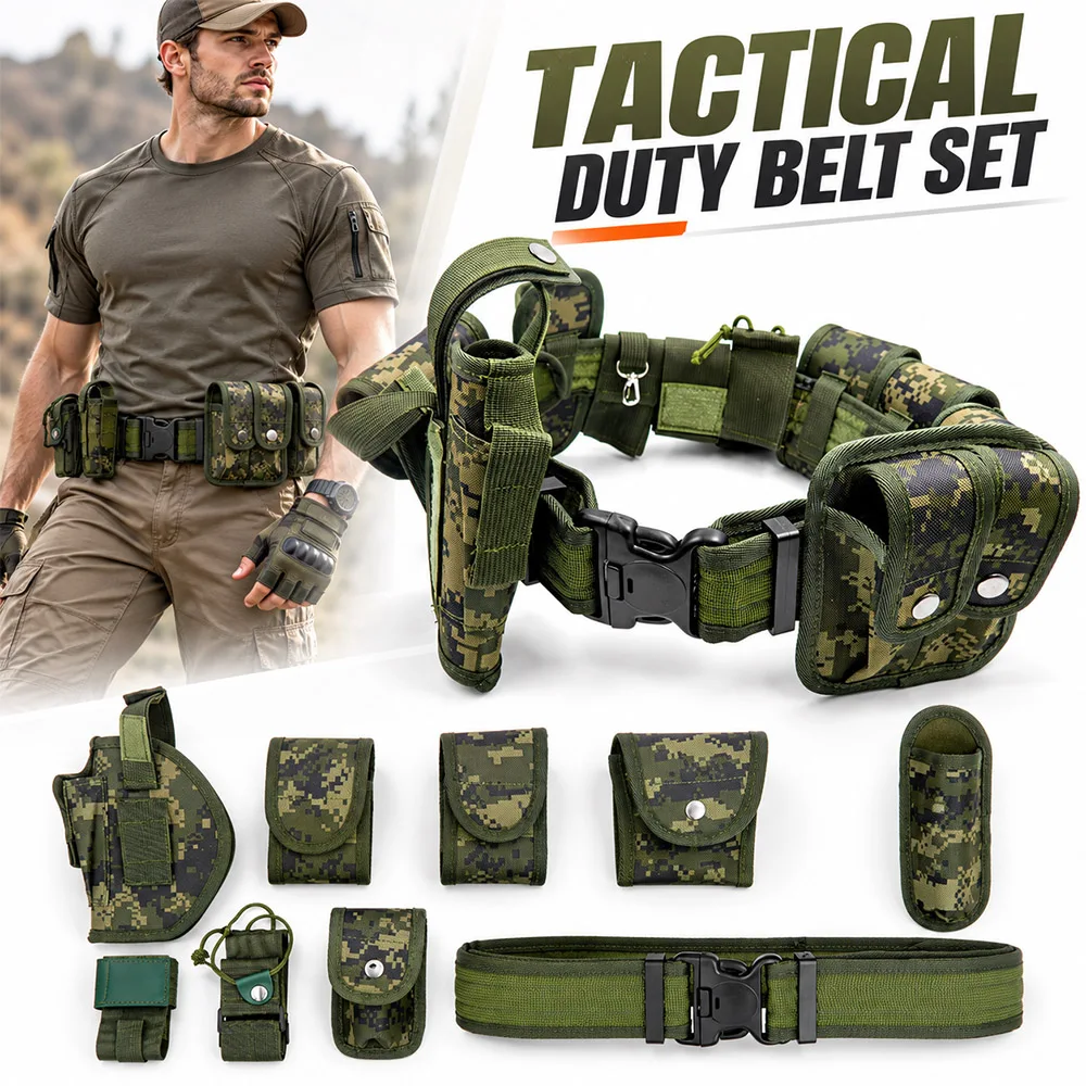 10 in 1 Tactical Duty Belt Set Adjustable Nylon Waist Belt with Utility Pouches for Airsoft CS Wargame Hunting Cosplay Training