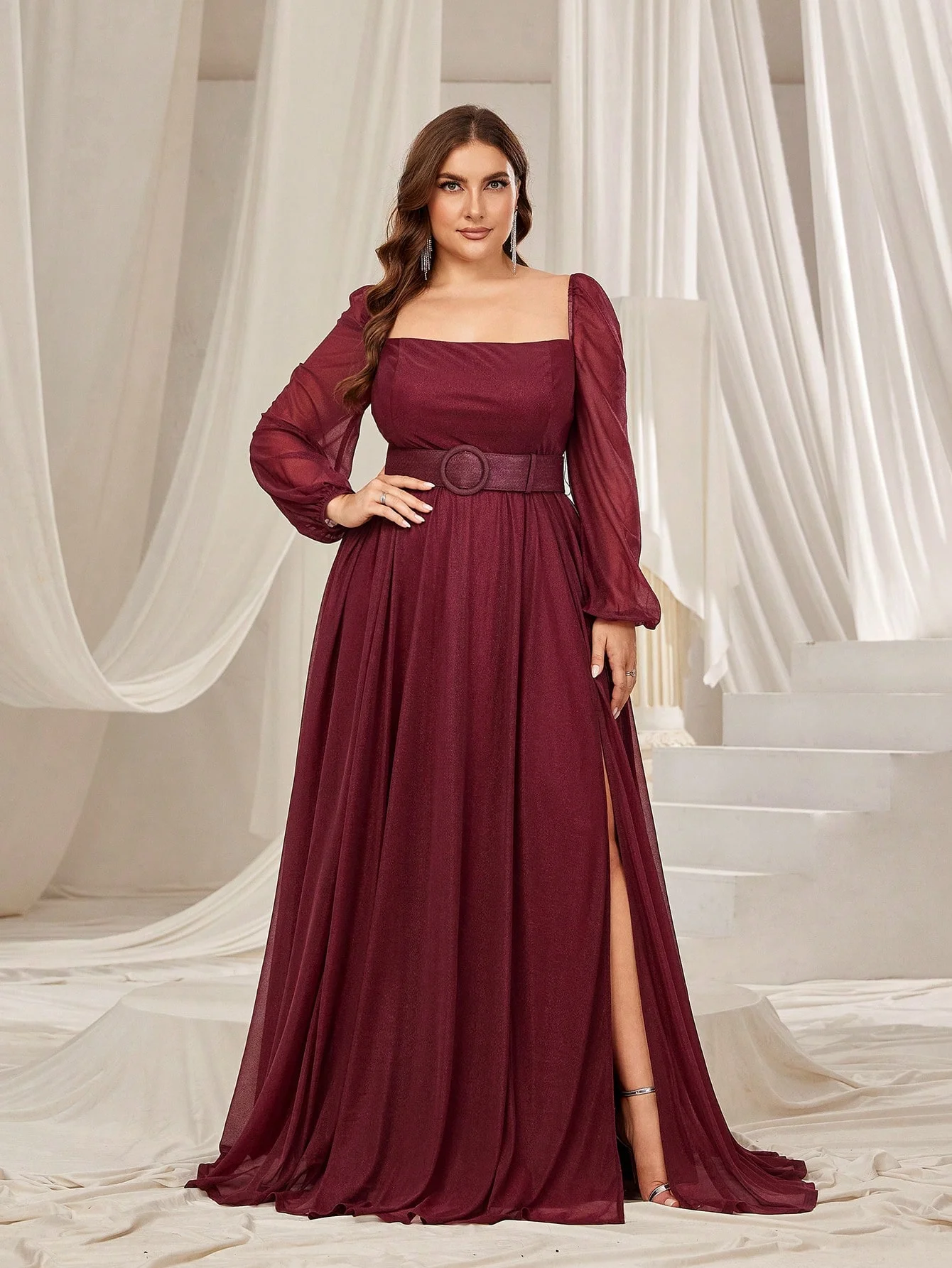 

Plus Square Collar Lantern Sleeve A Line Dress