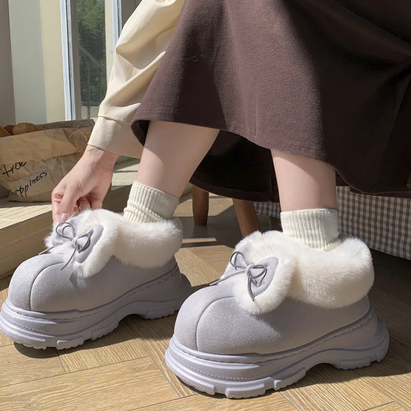 Warm Faux Fur Fluffy Slippers For Women Winter Platform Shoes Soft Plush Thick Sole Cute Bow Girls Indoor Street Snow Boots - view 4