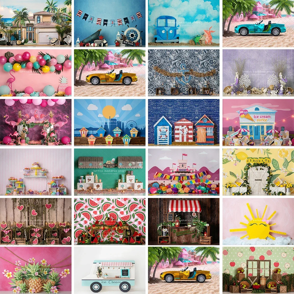 Fondos de fotografía de helado de flamenco de verano, decoraciones para sesión fotográfica de niños y adultos, barcos, playa, casa, fondos fotográficos