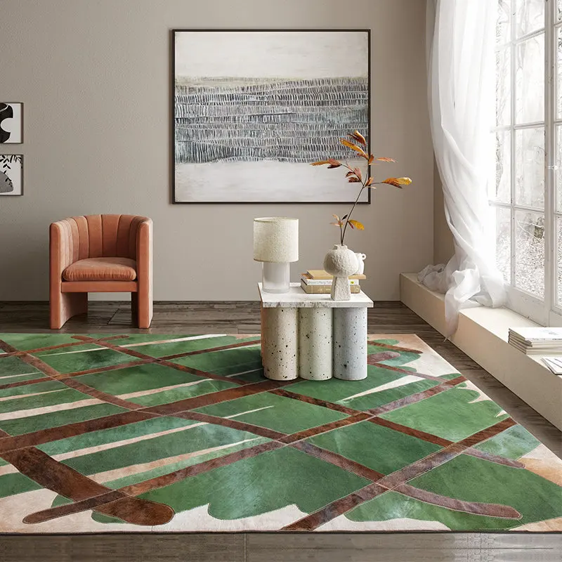 Vintage Style Living Room Carpet Simple Green Geometric Real Cowhide Area Rug Sofa Coffee Table Floor Mat Handmade Nordic Style