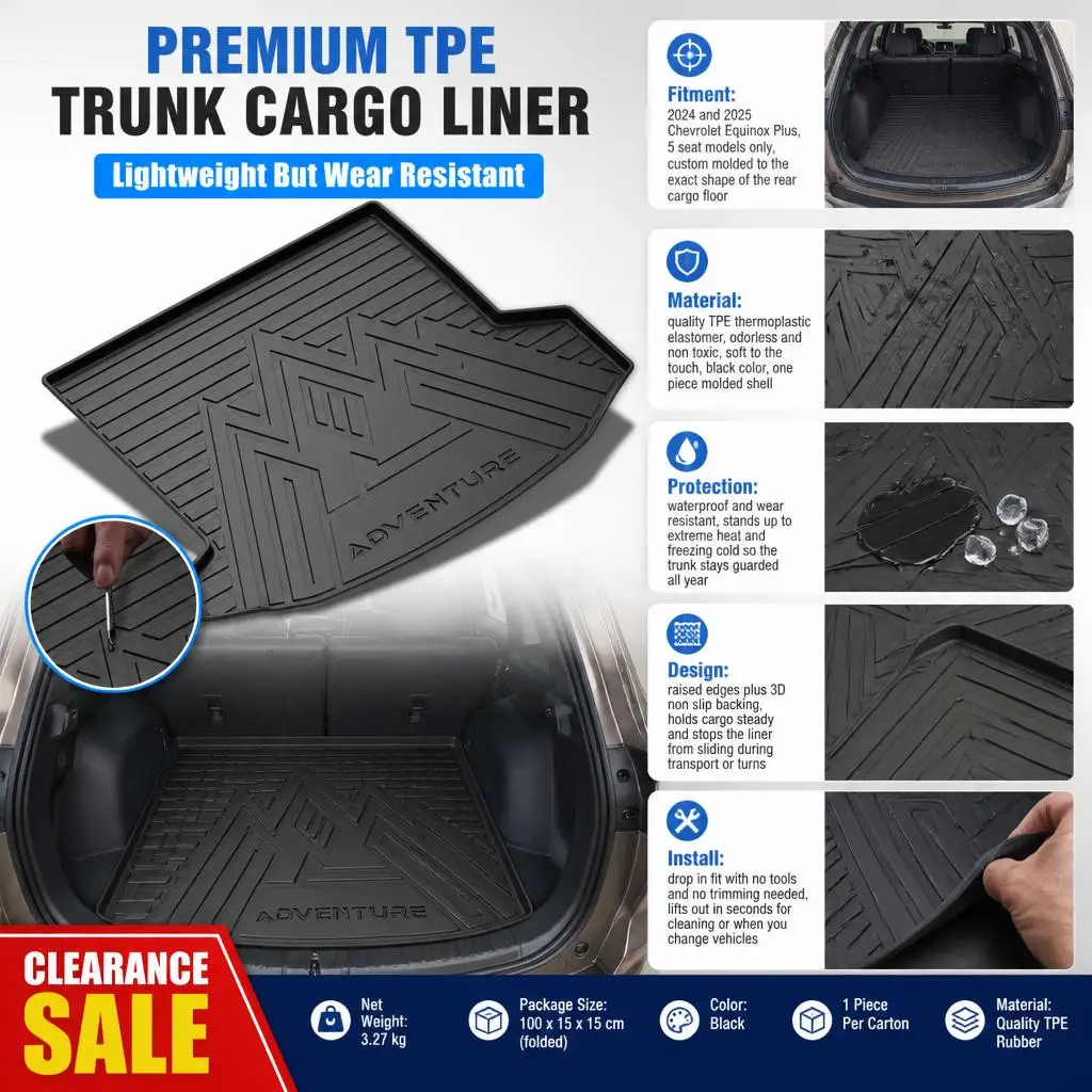 Custom Fit Trunk Mat for 2024 2025 Chevrolet 5 Seat Compact SUV - All Weather TPE Cargo Liner Heavy Duty Waterproof Rear Cargo Mat with Raised Edge Non Slip Backing - Odorless Easy Clean Mud Sand Pet Hair Black Interior Accessory