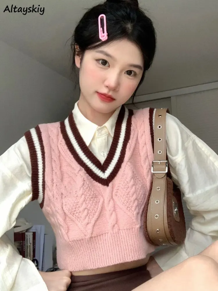 Sweater Vest Women Striped Knitting All-match Slim Cropped Sweet Spring V-neck Cozy Fashion Preppy Style Ulzzang Simple Pink Ins