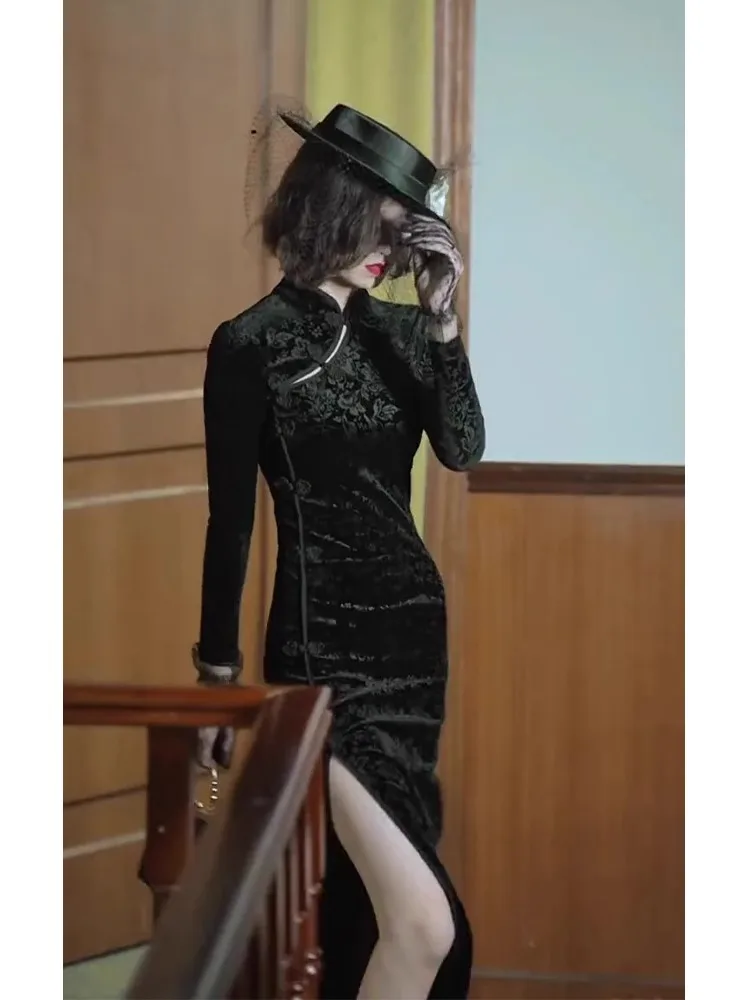 Ele Bla Velvet Wrap Bodycon Dr Chinese Sle Hoge Taille Lange Sve Dames Faion Herfstseizoen Sexy Slip Dr