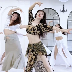 Belly Dance Costume Set for Women's Sexy V-neck Half Sleeve Top+Sexy Split Long Skirt 2pcs Adult Oriental Dance Practice Clothes