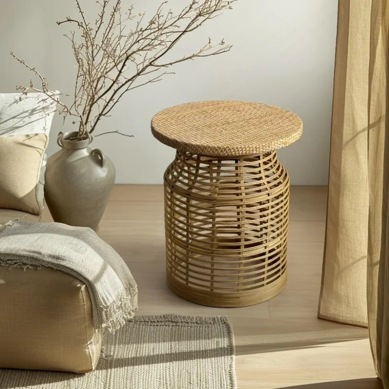 Handmade Rattan Side Table with Storage Small Coffee Table for Living Room French Country End Table for Cottage Retro Nightstand