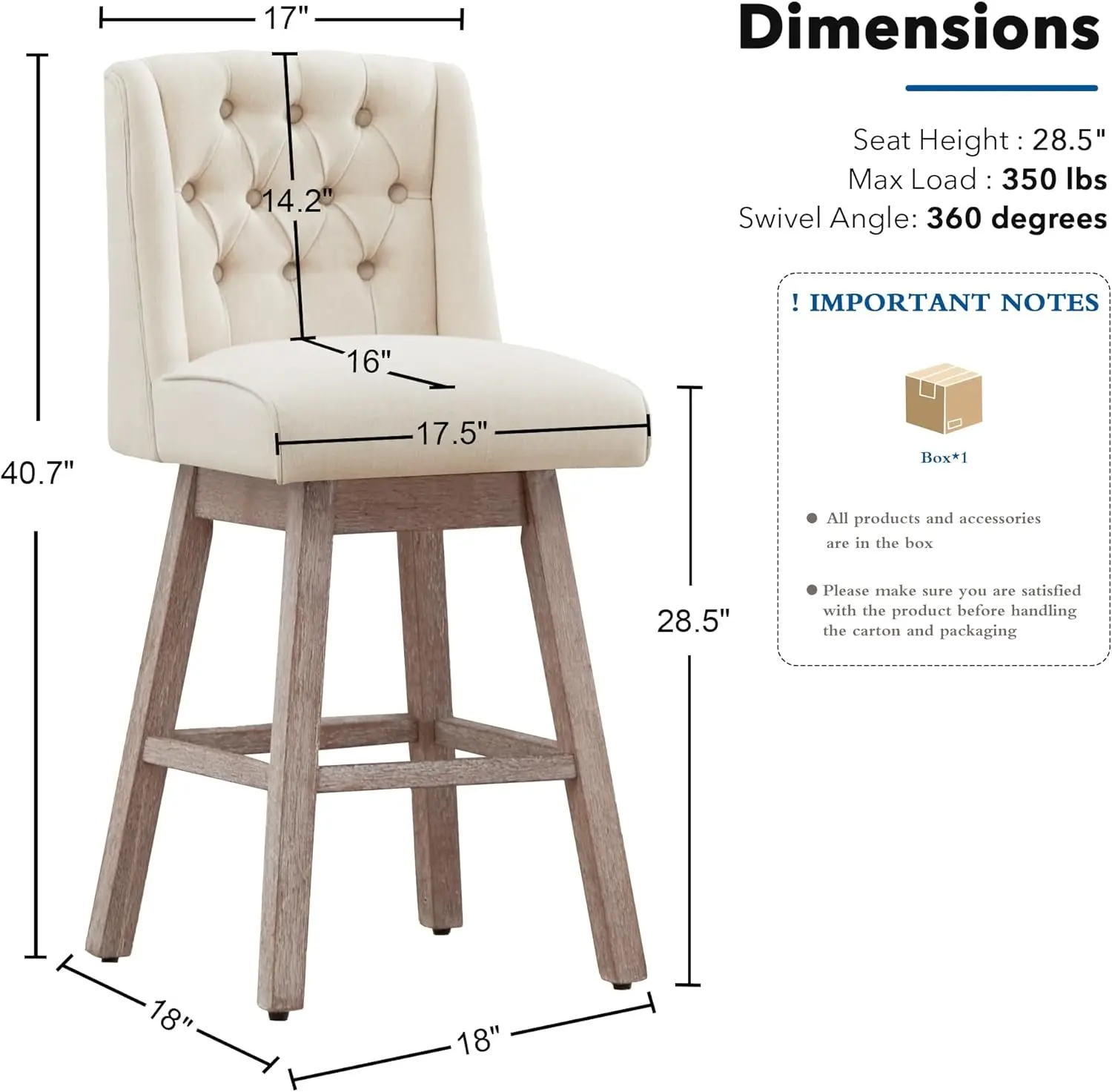 카운터 높이 바 스툴 2개 세트, 360 °   회전식, 나무 다리, 모던한 린넨 커버, 높이 28.5피트