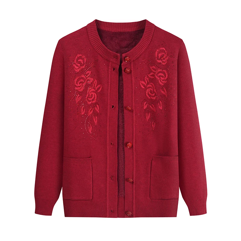 Autumn Winter Grandma Velvet Sweater Coat Warm Middle-Aged Mother Knitted Sweaters Embroidered Cardigan Top Women Outerwear