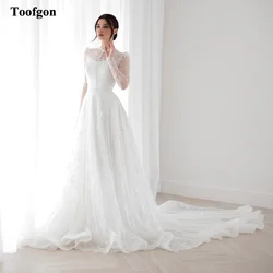 Toofgon marfim delicado rendas vestidos de casamento o pescoço uma linha mangas compridas vestidos de noiva formal festa princesa vestido de noiva personalizado