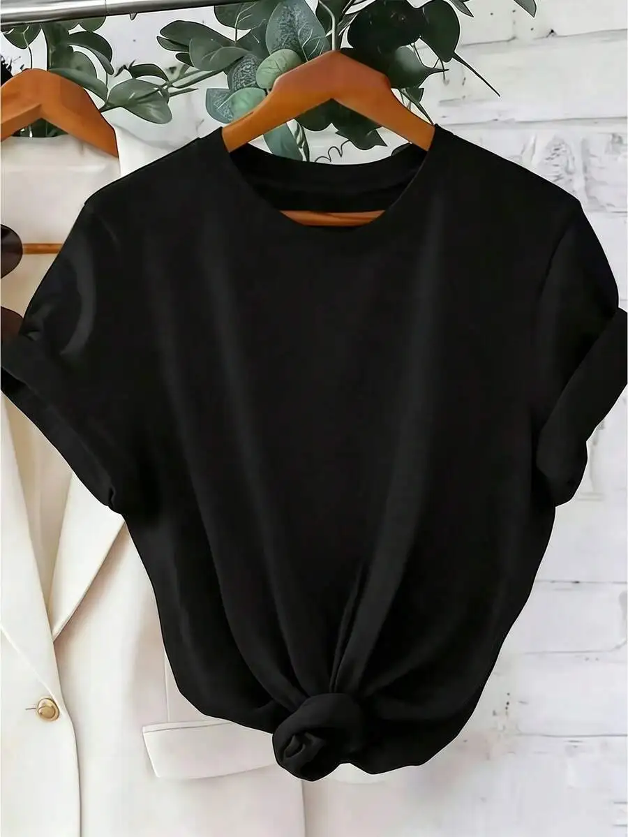 Women Crew Neck Short Sleeve T‑Shirt Celestial Hand Planet Graphic Print Black Summer Casual Tops