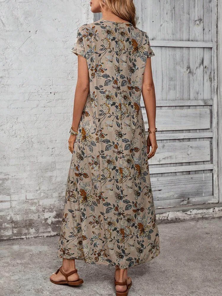 Summer Floral Pattern Round Neck Short Sleeve Maxi Dress Women Oversized A-Line Flared Long Dress for Casual Travel