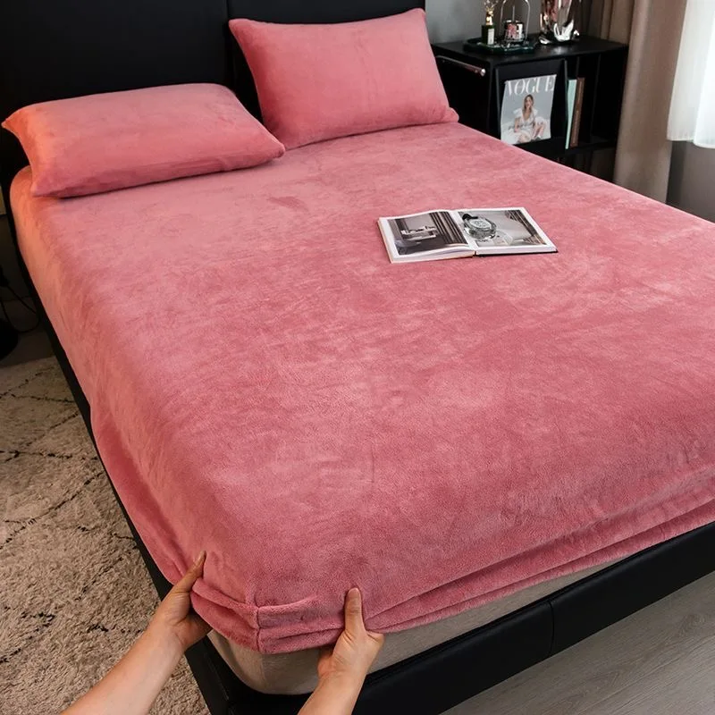 Soft Warm Plush Fitted Sheet with Elastic Mattress Cover Fluffy Coral Fleece Bed Linen Winter Couple Luxury Double Bed Bedding