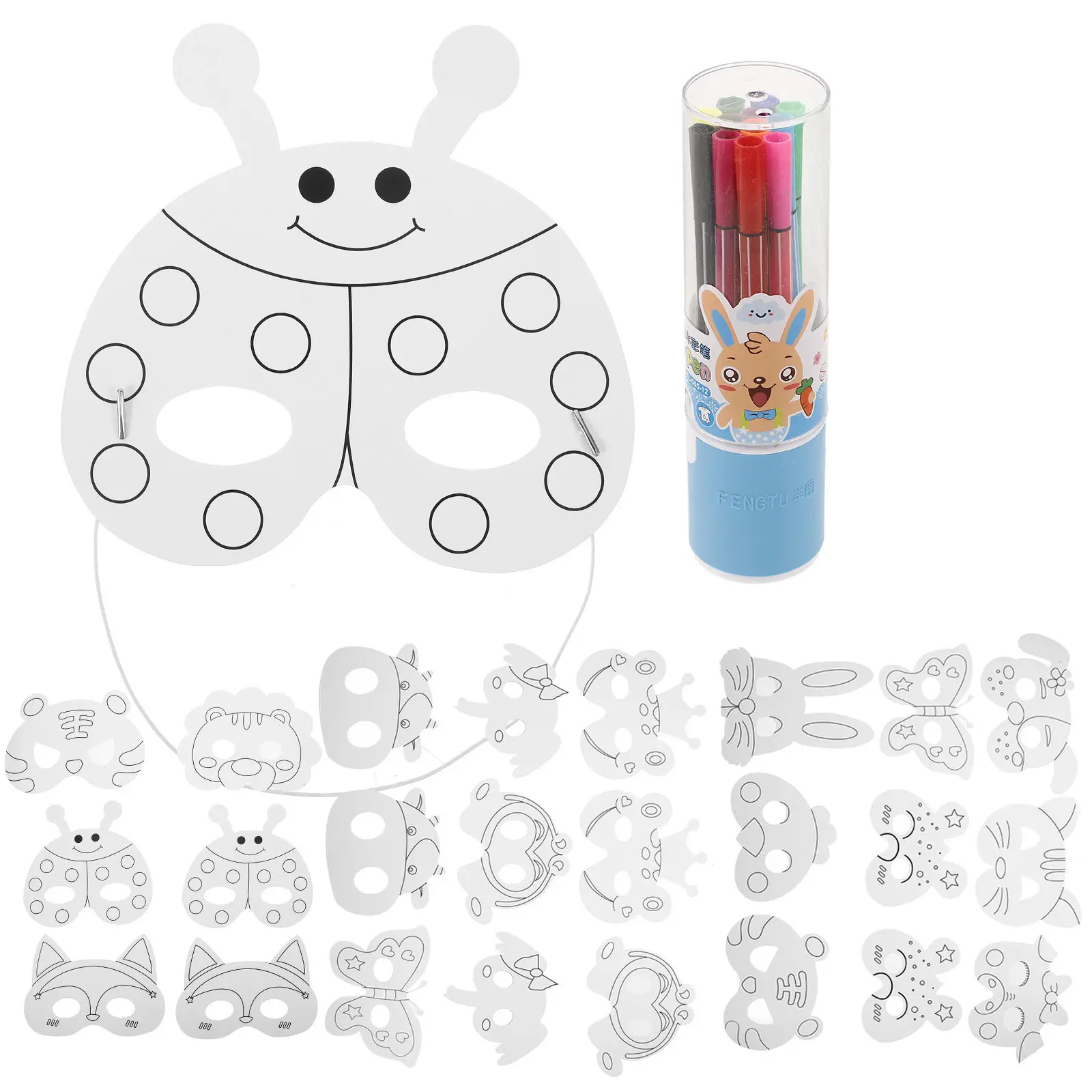 

1Set DIY Mask Kit for Kids Blank Animal Masks Unpainted Paper Plastic Masks Watercolor Pens Crafting Coloring Stage Performance