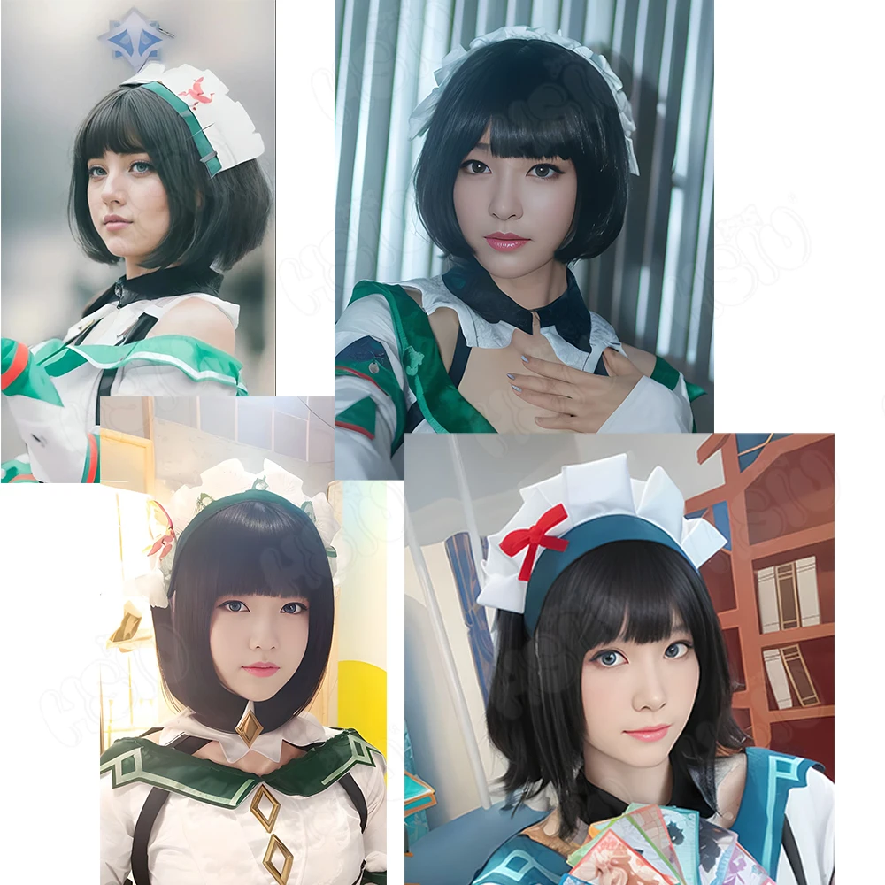 Wig Cosplay Katheryne HSIU 35cm Wig sintetis tahan panas rambut hitam pendek Wig Cosplay permainan Genshin Impact Katheryne