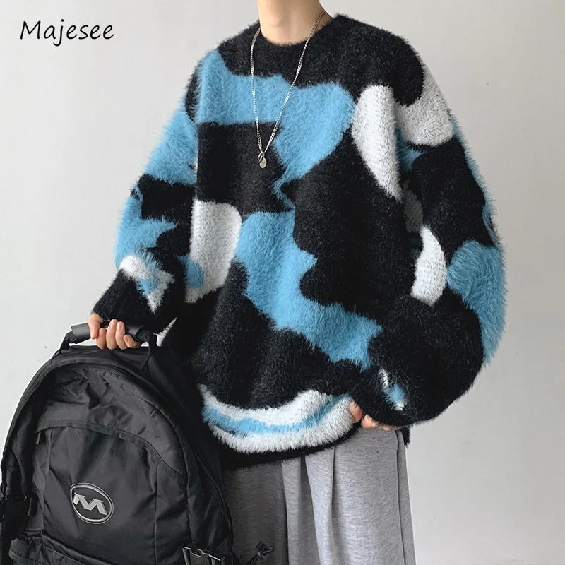 Camouflage Sweaters Men Handsome Popular American Style Panelled Round Neck Couple   Teenagers Youthful Pullovers