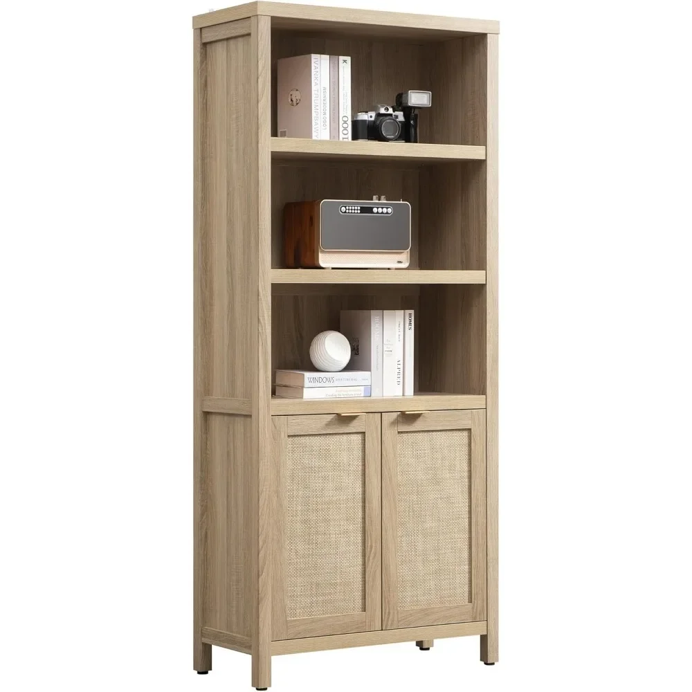 

Bookcase 71" Tall Bookshelf 5 Tier Rattan Boho Bookcase with Doors Storage Large Book Case Shelf Farmhouse Bookshelves