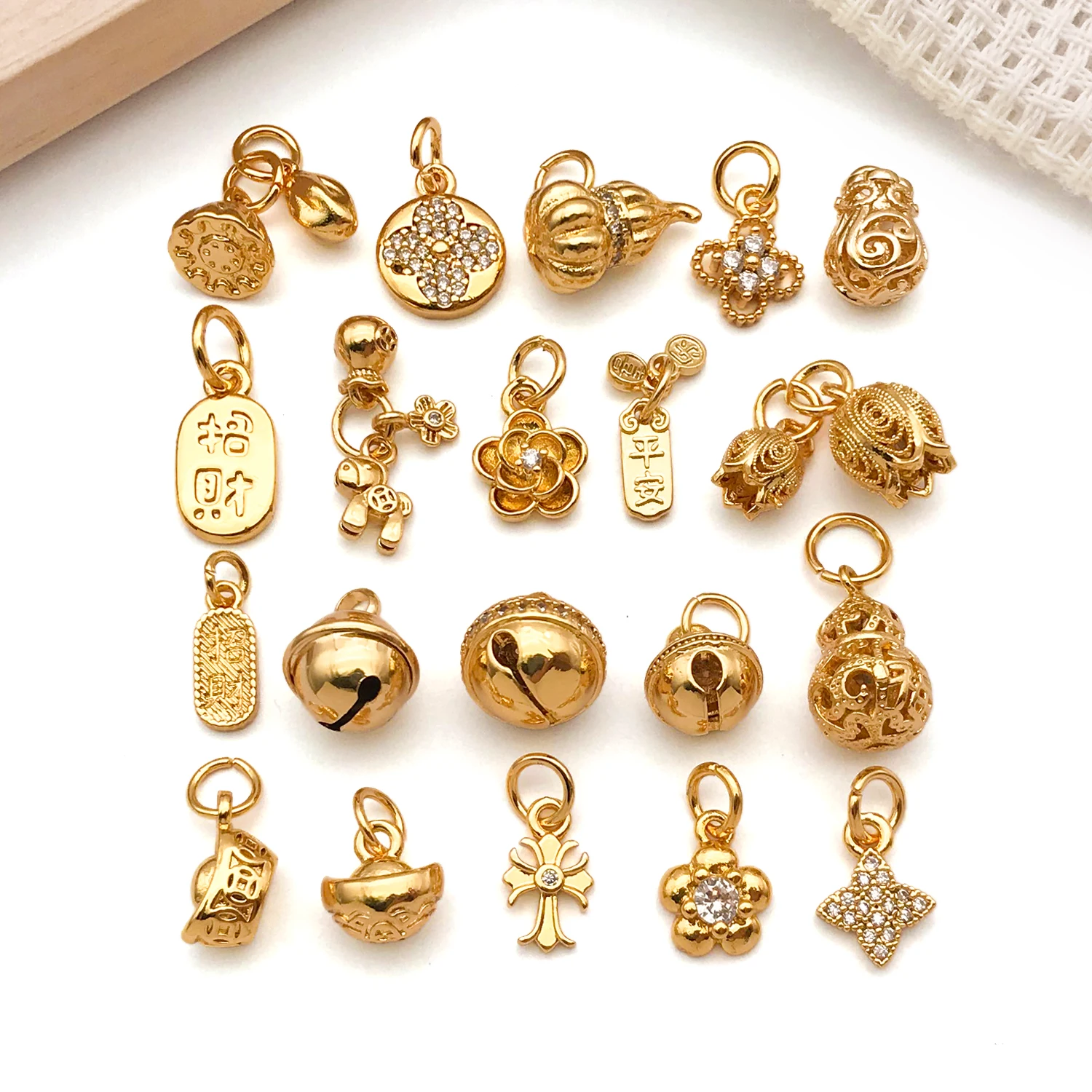 1pc 18K Real Gold Plated Brass Chinese Charms, Bell, Gourd, Letter Cards, Golden Ingot Pendant, For DIY Jewelry Making Accessory