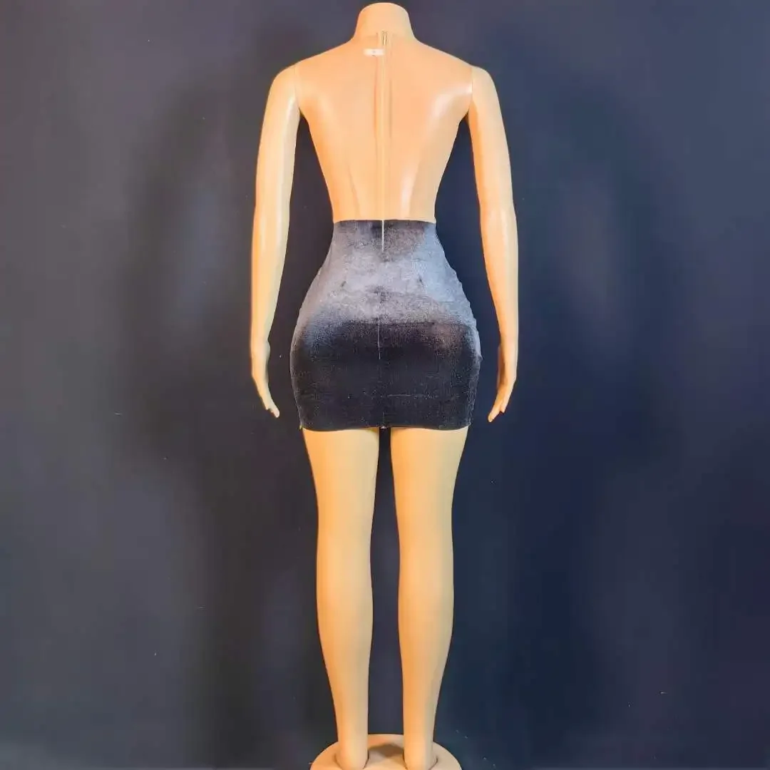 Damska Czarna Błyszcząca Sukienka Mini z Aplikacjami z Cyrkonii, Bez Pleców, Seksowna, Królowa Urodzinowa, Strój Sceniczny, Kostium Drag