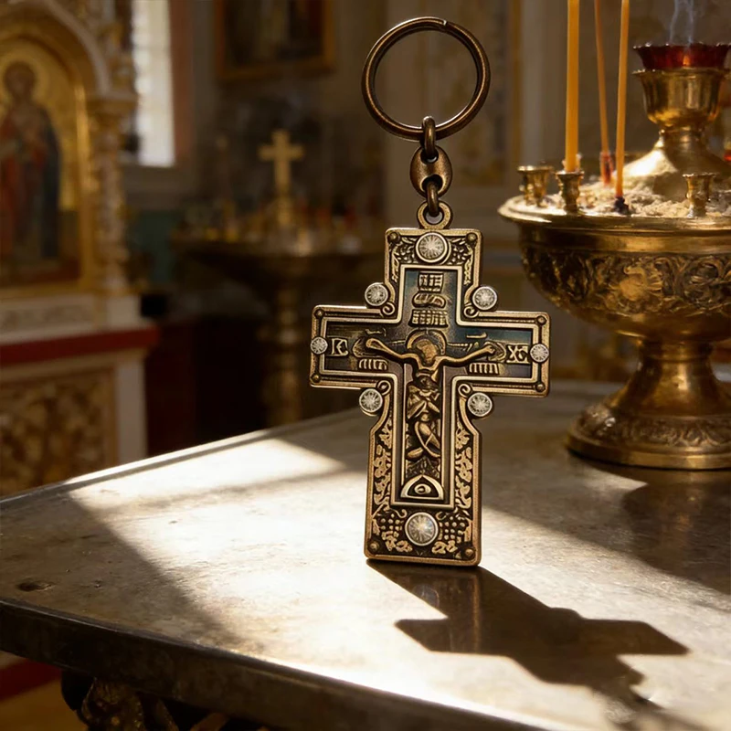 Orthodox Crucifix Cross Keychain Vintage Bronze Double Sided Blessed Holy for Car Key Ring Religious Protection Amulet Catholic