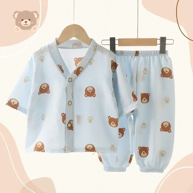 New 2024 Kids Summer Thin Pajamas Sets Boys Girls Cute Cartoon Three-quarter Sleeve V-neck Shirts with Pants Baby Loungewear