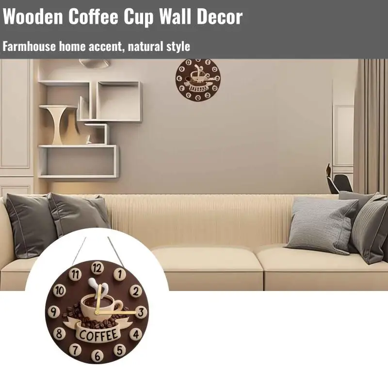 New Fresh Brewed Hot Choco Coffee Decorative Wall Hanging Round ClockCreative Wooden Coffee Cup Hanging Sign 2D Wall Decoration