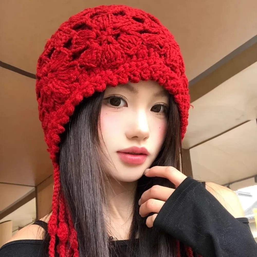 New Flower Knitted Crochet Hat with Tassels Hollowed Out Mesh Pullover Hat Braided Ear Protector Knitted Caps Women