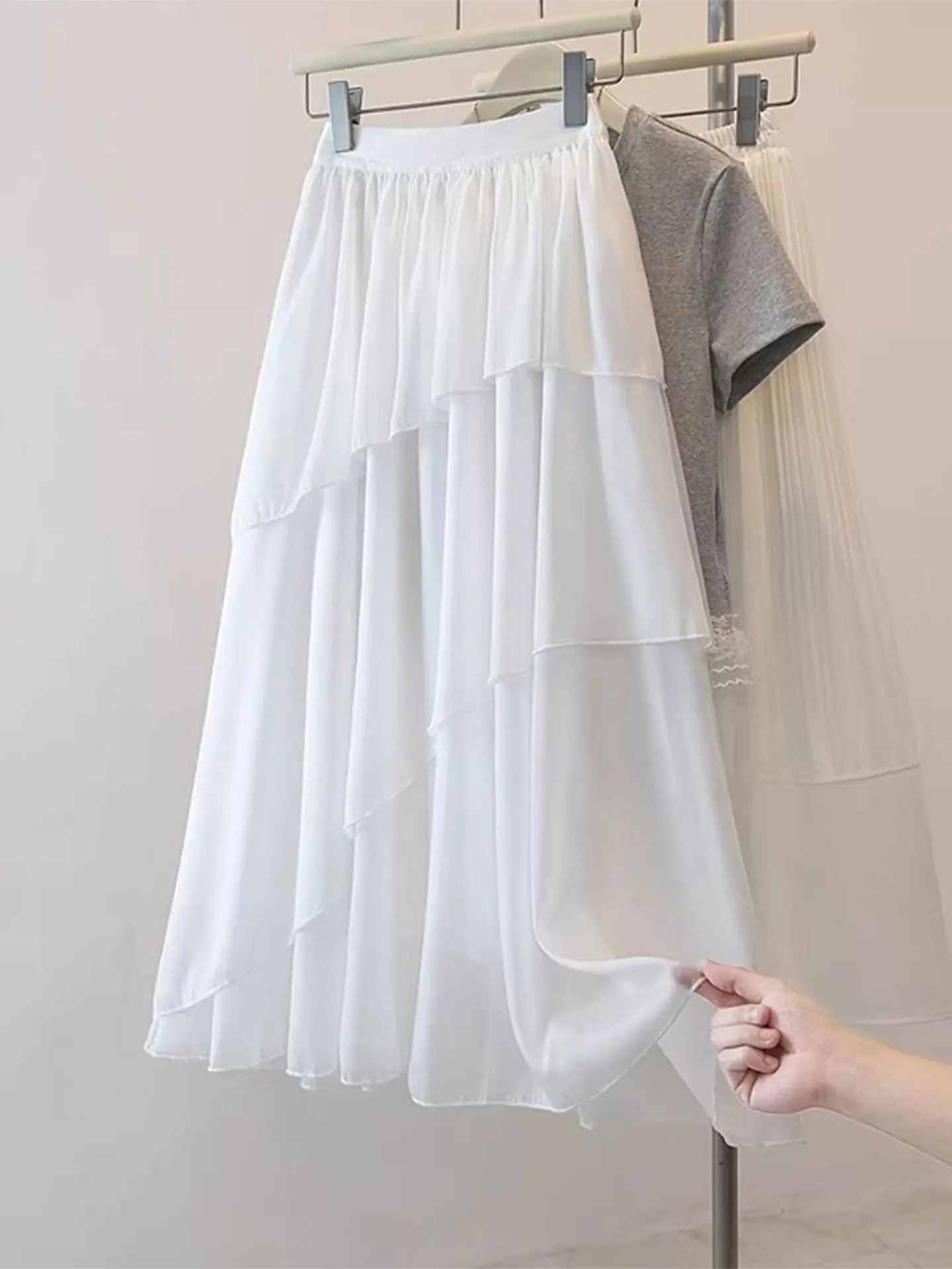 

Unique Beautiful White Lace f Skirt Women's A-Line Skirt Spring Summer Large Size Fat MM High Waist Asymmetrical Skirt