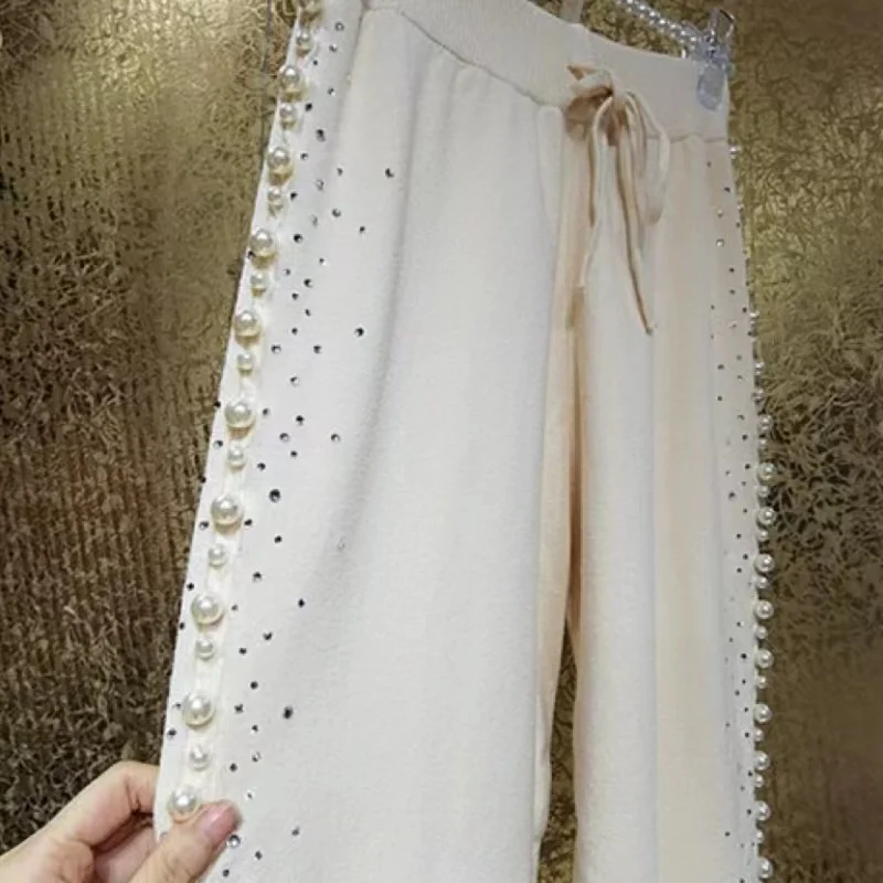 Luxury Heavy Industry Beaded Diamonds Knitted Cashmere Pants Women Trousers Spring Autumn Warm Loose Harem Pants