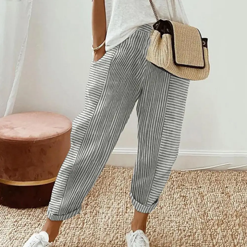 

Flattering Leg Shape Trousers Stylish Women's Wide Leg Striped Print Harem Pants with Pockets Elegant Drawstring for Office