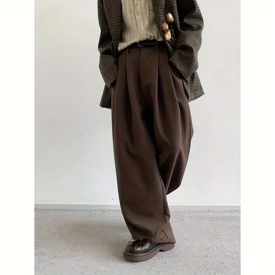 Japanese retro vertical straight tube coffee colored men's and women's trousers spring/autumn style wide legs loose casual pants