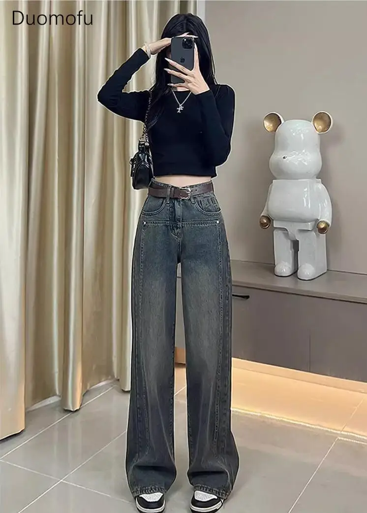 Duomofu Herfst Chicly Hoge Taille Slanke Casual Dames Jeans Nieuwe Basic Losse Eenvoudige Gewassen Mode Full Length Vrouwelijke Jeans