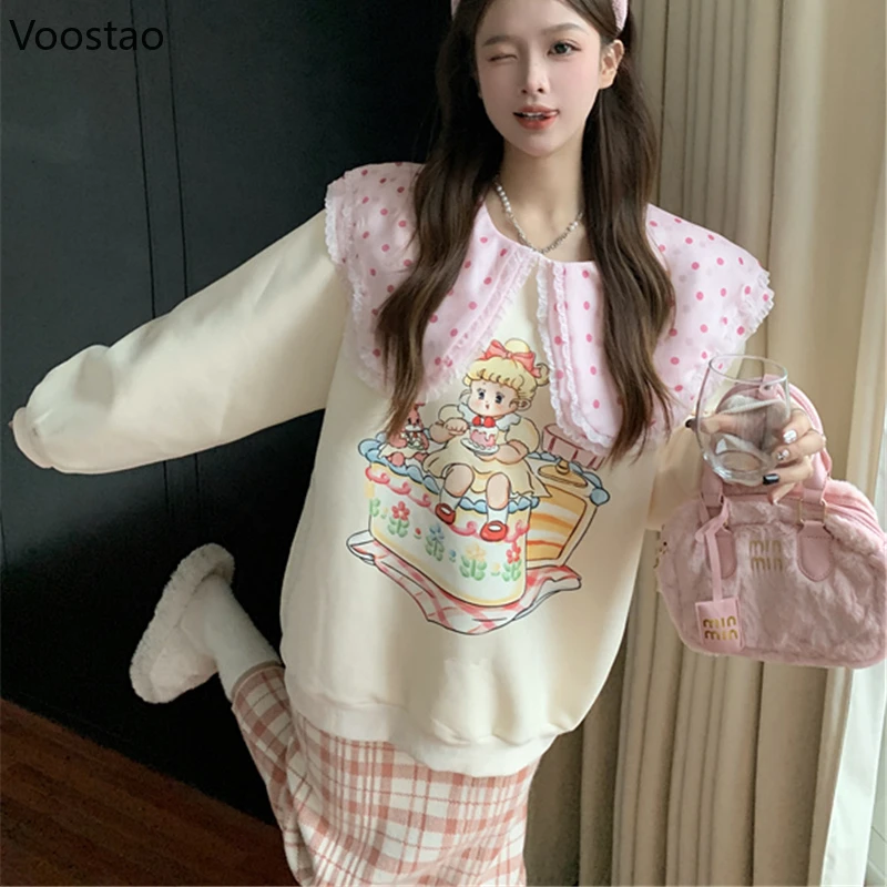 Cute Lolita Hoodies Women Sweet Peter Pan Collar Cartoon Print Sweatshirt Streetwear Y2k Pullover Tops Harajuku Moletom Feminino