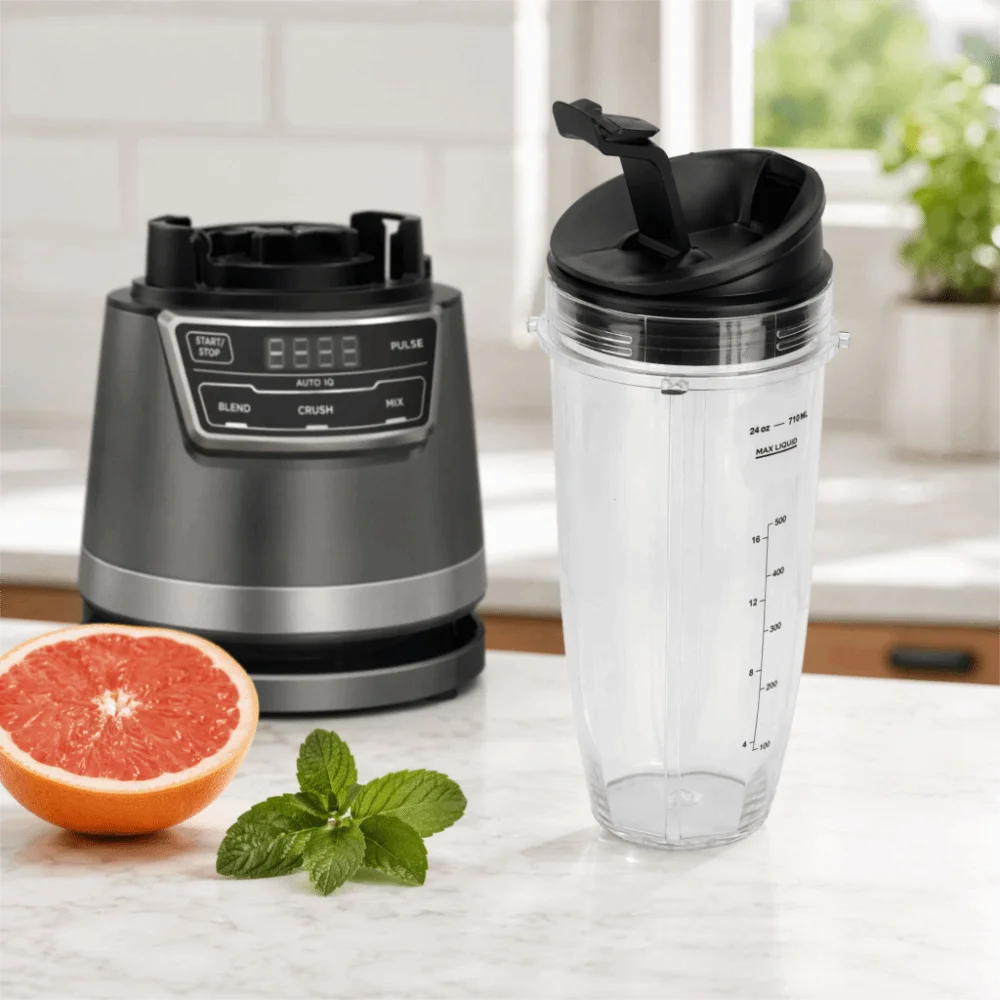 Leak Proof Blender Cup ABS + PC Dishwasher Safe Sip and Seal Lid Transparent+Black Measurement Marks for Ninja BL480BL482