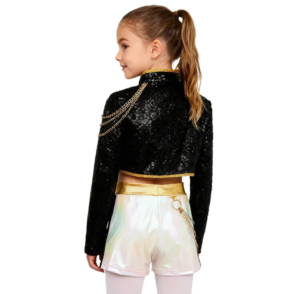 Kids Girls 3Pcs Demon Cosplay Singer Outfit Iridescent Gloss Crop Top Long Sleeve Trim Sequins Outer Wear and Waist Chain Shorts