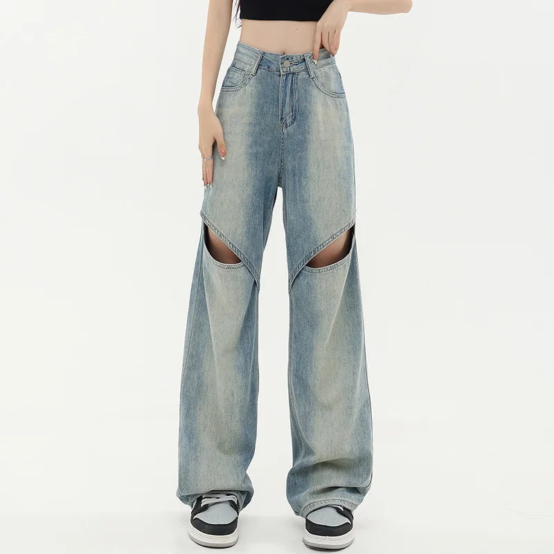 

Hole Casual Vintage High Waist Jeans Women Loose High Street Korean Style Pants Female Fashion Long Denim Pants 2023 Summer