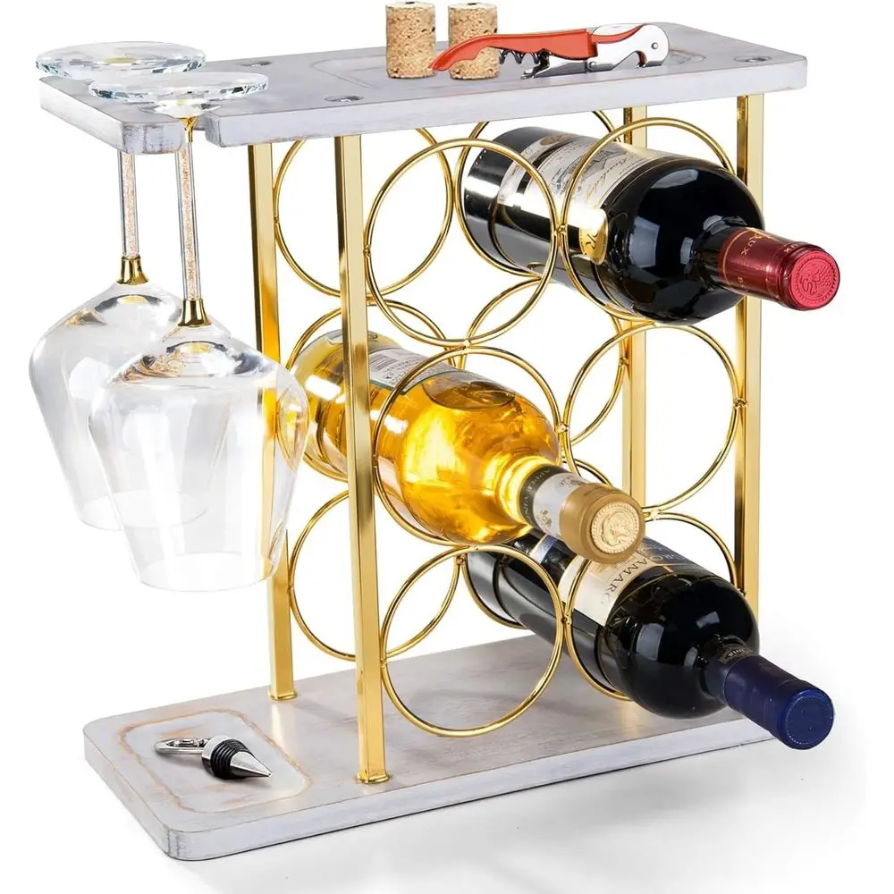 

White & Gold 6-Bottle Wine Rack with Glass Holder, Countertop Wooden Holder for Corks & Openers Storage - Elegant Home Bar & Kit