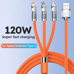3 in 1 USB Cable 6A 120W USB Cable Fast Charging Data Cord For Iphone Samsung Huawei Xiaomi Multi Port Multiple Charging Wire