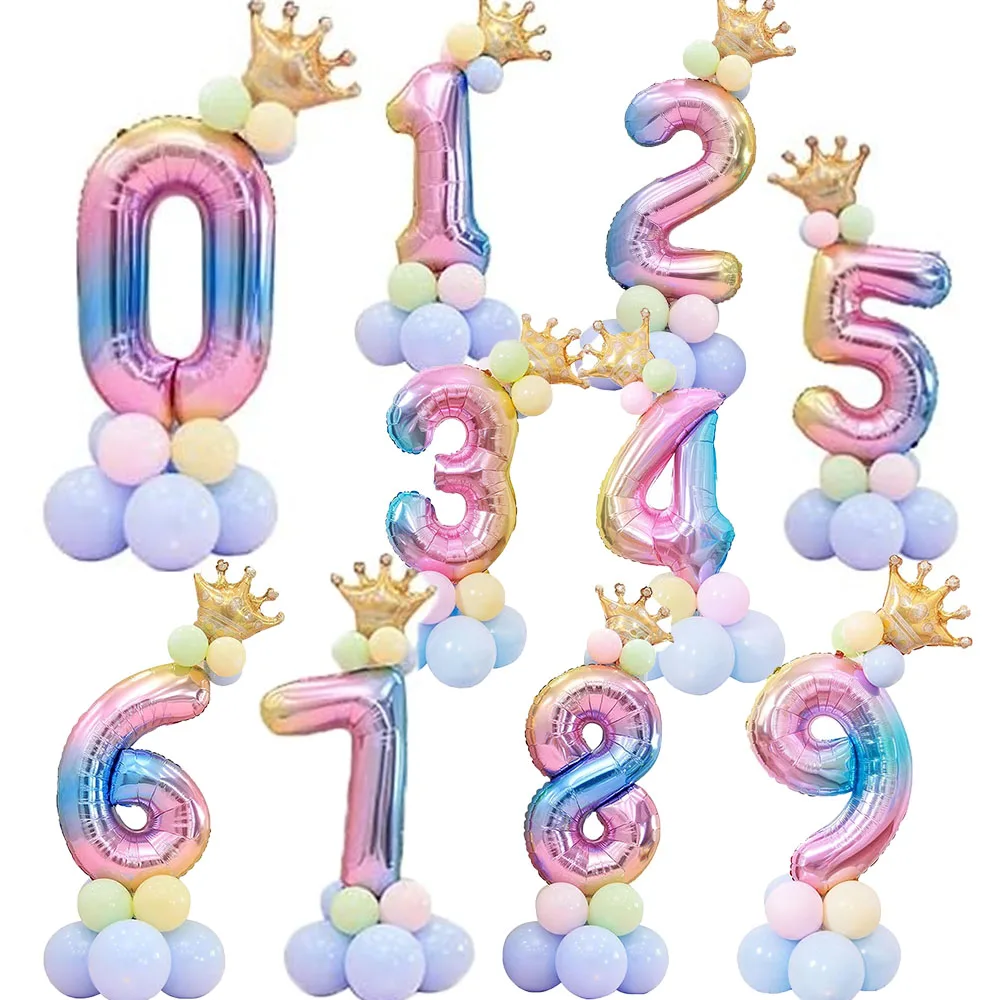 16pcs Rainbow Number Foil Balloon set 32inch 0123456789 Crown Balloon Wedding Decorations Happy Birthday Unicorn Party Supplies