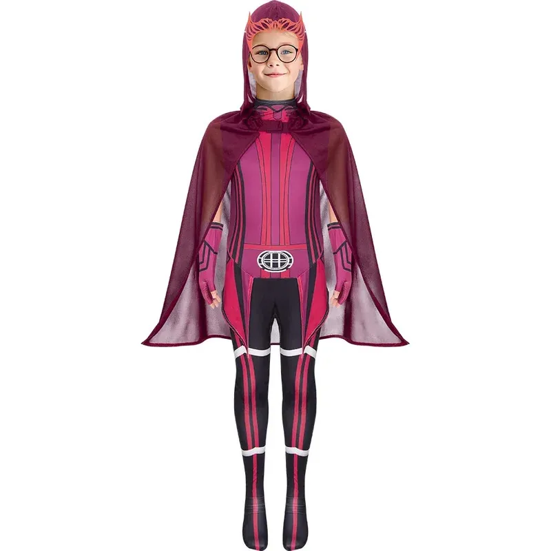 Kids Superhero Scarlet Witch Cosplay Costume with Headdress Cloak The Avengers Role Playing Clothing