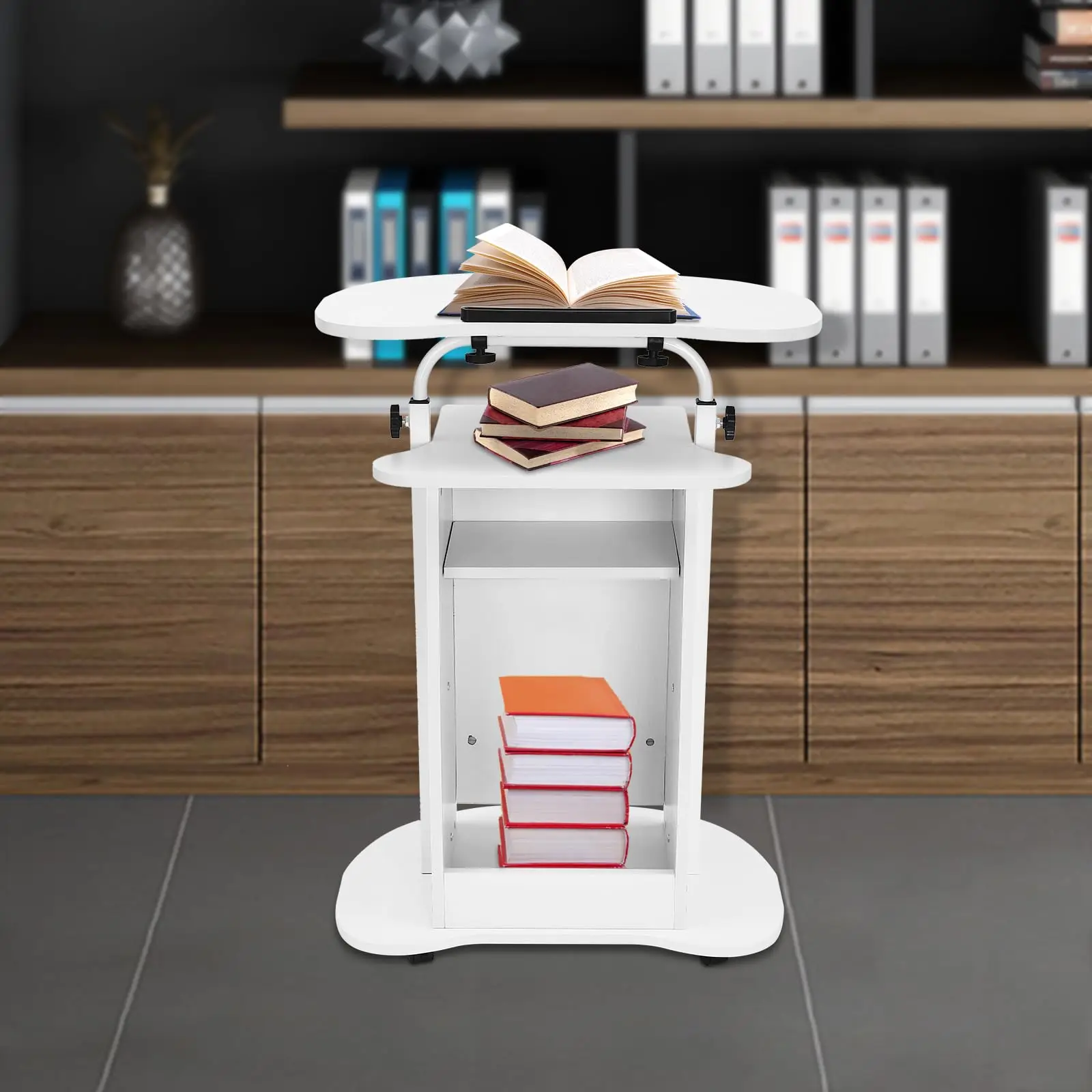 Púlpito de pé móvel, pódio de púlpito de pé ajustável em altura, pódio portátil para laptop móvel, suporte de pódio branco com 4 unidades