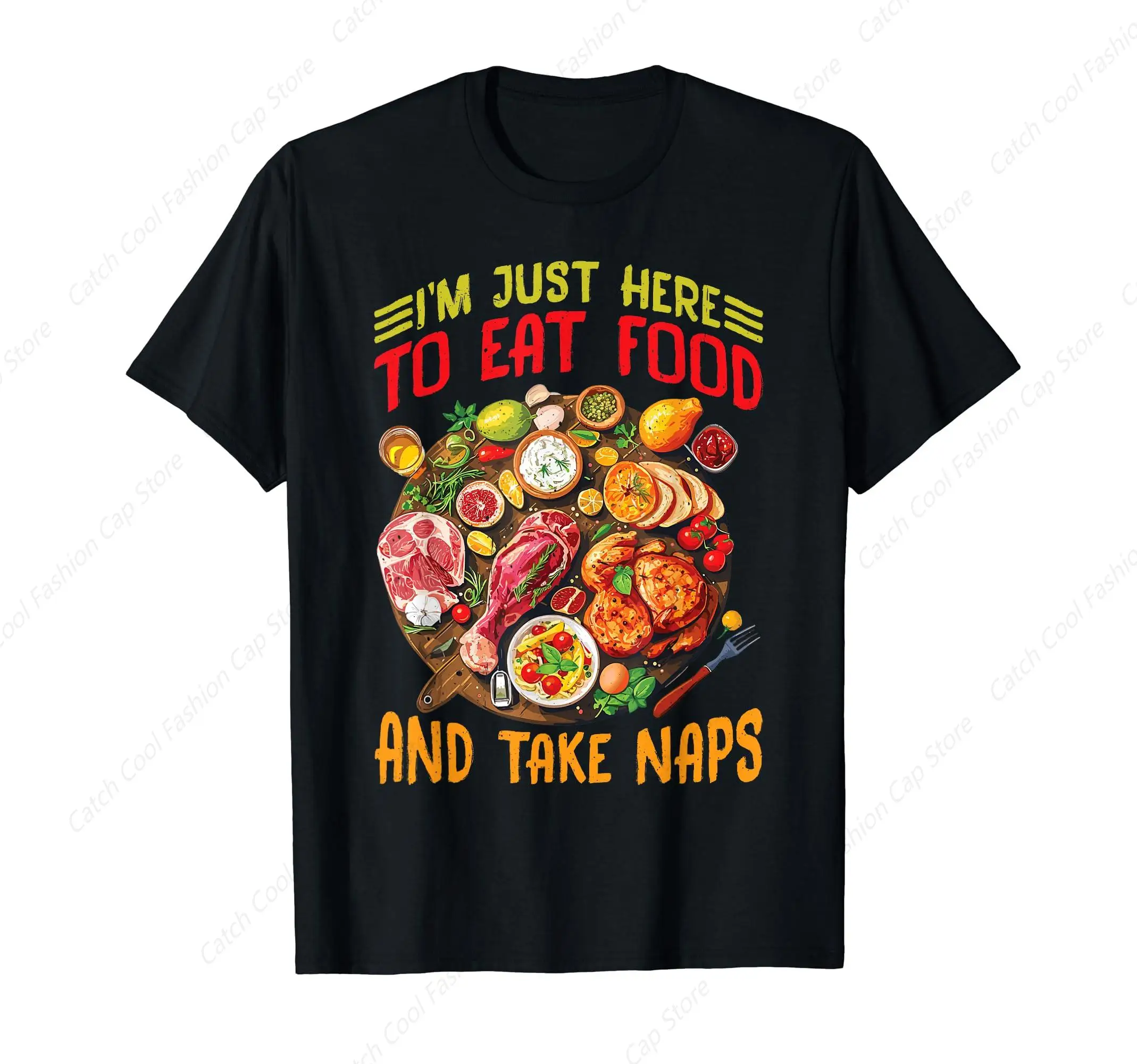 I'm Just Here To Eat Food And Take Naps T-Shirt for Men Short Sleeve Cotton Daily Travel Summer Breathable Round Neck Sports Top