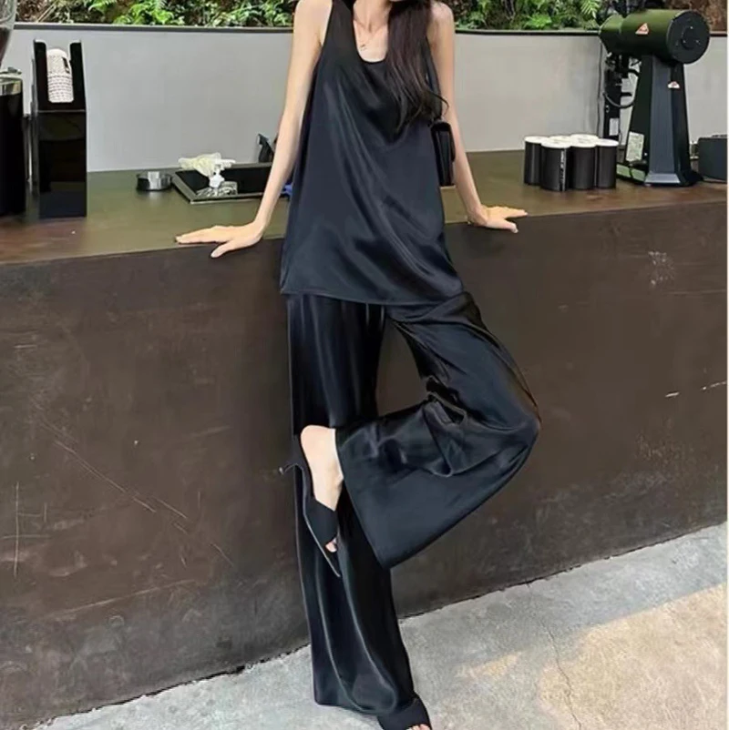 Elegant 2 Piece Sets Women Acetate Folds Lady Suit Acetate Trendy Sets Classic Basic Models Sleeveless Bottoming Vest Pants Suit