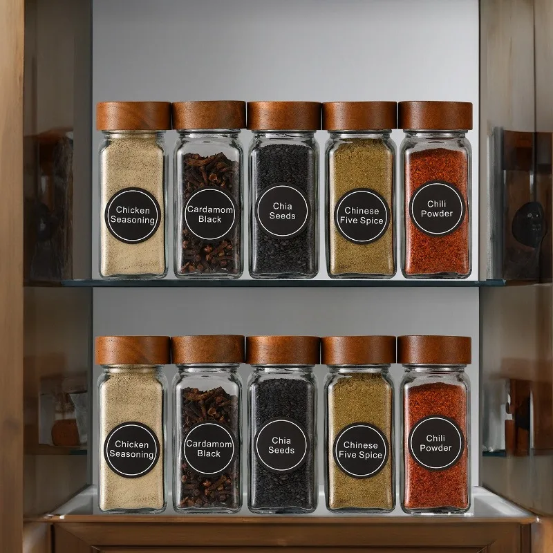 

Glass Spice Jars with Labels- Wood Lid Square Spice Containers with brush Lids &Funnel,Seasoning Jars for Rack Cabinet Drawer