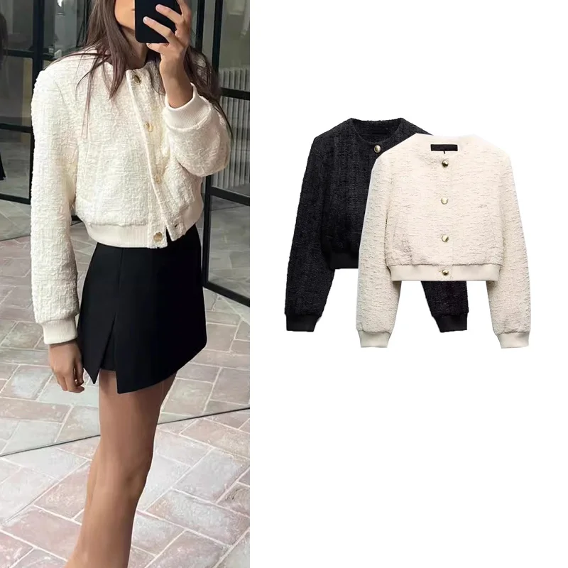 

Повседневная куртка-пилот с круглым вырезом и текстурой, новая весенняя модель, свободный крой, укороченная, на пуговицах, в стиле Small Fragrance